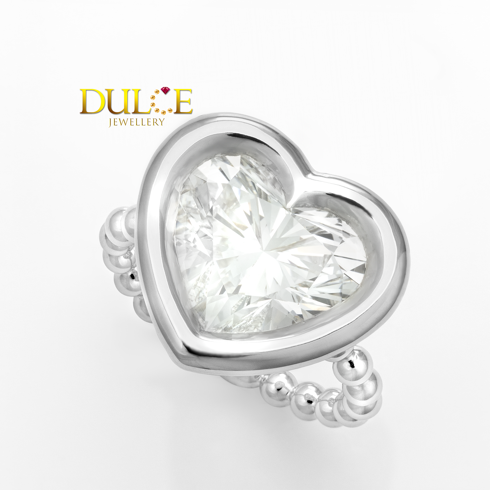 Heart-shaped diamond earring with 'DULIE' branding on a white background