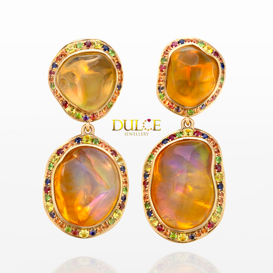 14K Mexican Fire Opal, Ruby & Sapphire Earrings
