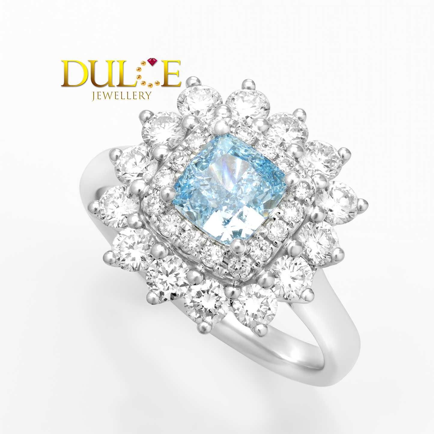 Diamond ring with a fancy vivid blue diamond and 'Dulice Jewellery' logo on a white background