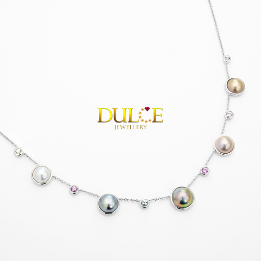 925銀日本馬貝珍珠粉紅藍寶石項鍊