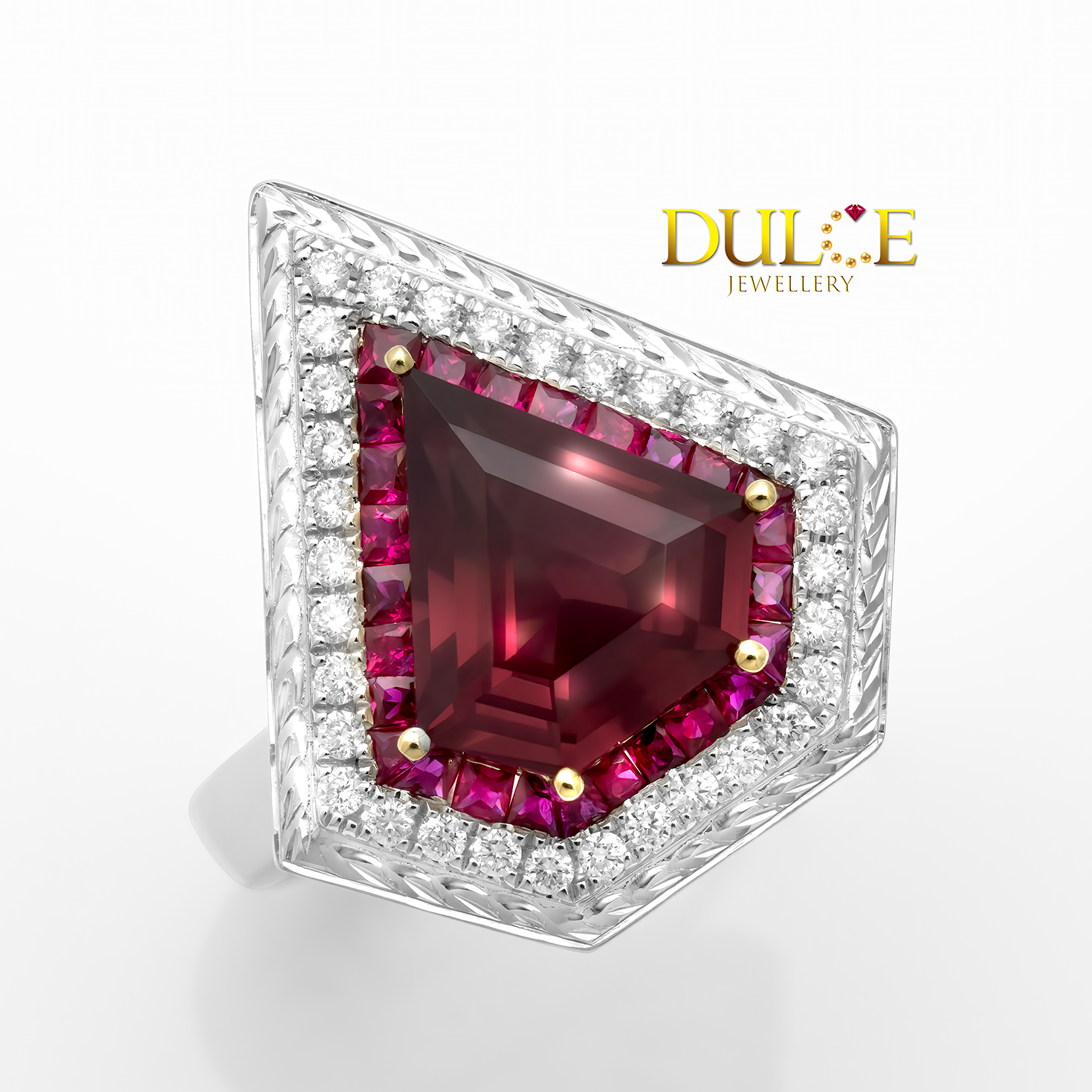 trilliant red spinel halo ruby diamond ring in 14k gold