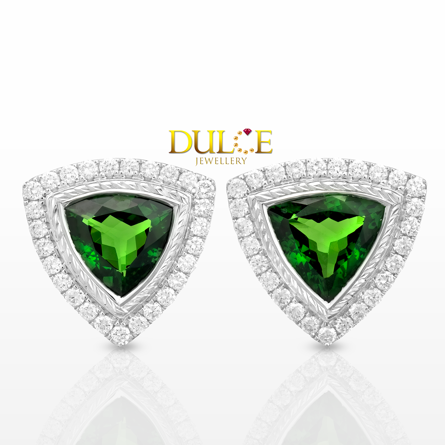 Trillion-cut green gemstone earrings with diamond accents on a white background, branded as Dulee Jewellery.