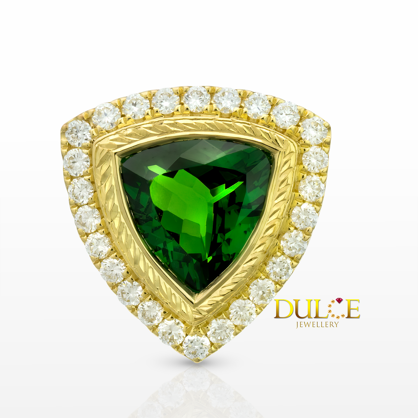 Gold ring with a green gemstone and diamonds, branded 'Dulce Jewellery'.