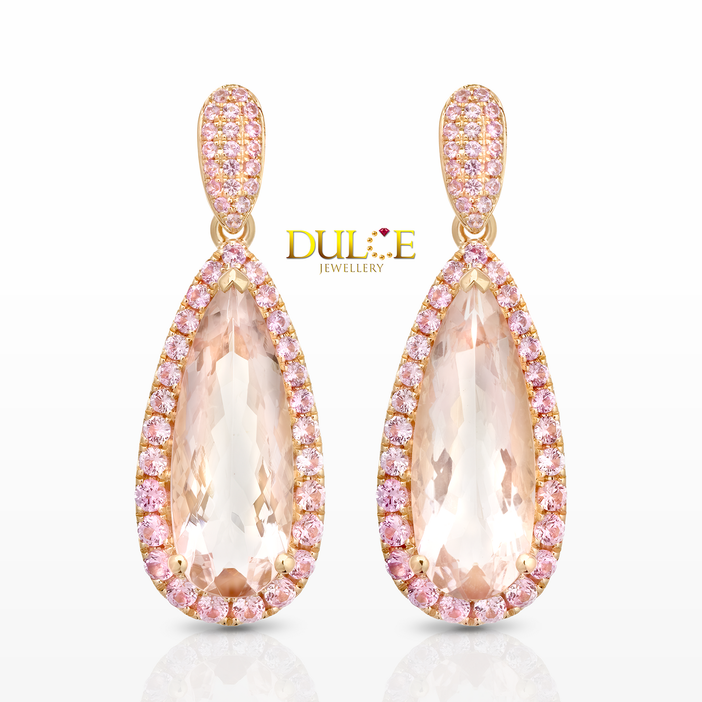 vivid pink morganite and pink sapphire rose gold earrings