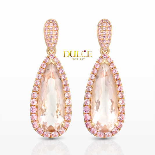 vivid pink morganite and pink sapphire rose gold earrings