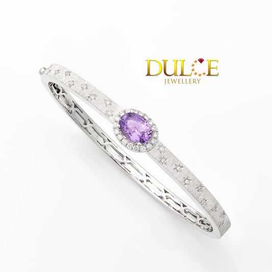 Silver bracelet with a lavender gemstone on a white background, featuring the Dulce Jewellery logo.