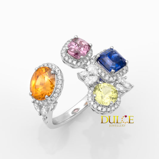 18K Gold Sapphire, Spinel & Fanta Diamond Ring