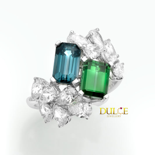 14K Blue Spinel, Green Tourmaline & Lab Grown Diamond Ring