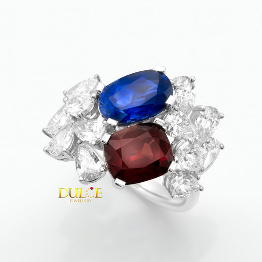 14K Blue Sapphire, Red Spinel & Lab Grown Diamond Ring
