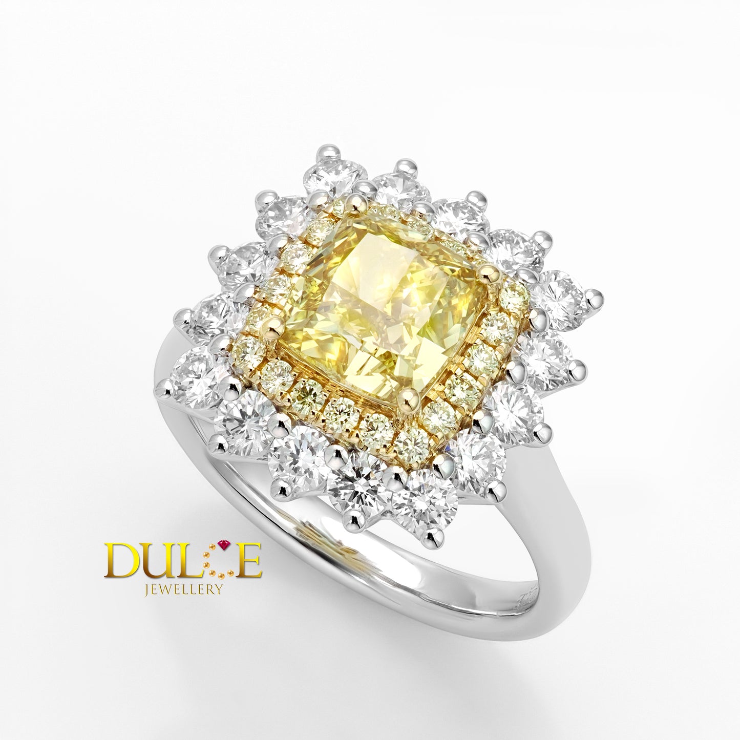 Diamond ring with a yellow center stone and white diamonds on a white background, featuring the brand 'Dulce Jewellery'.
