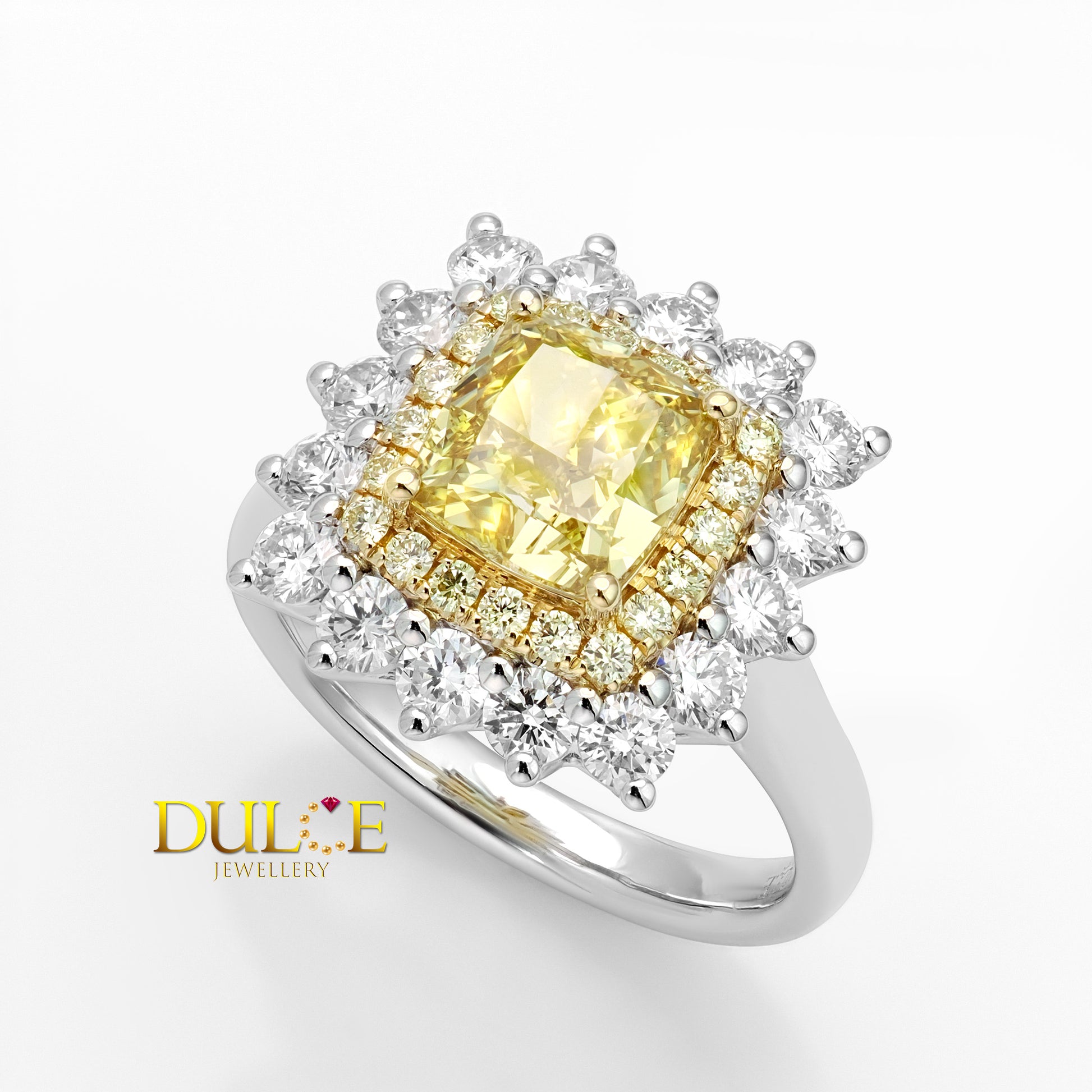 Diamond ring with a yellow center stone and white diamonds on a white background, featuring the brand 'Dulce Jewellery'.
