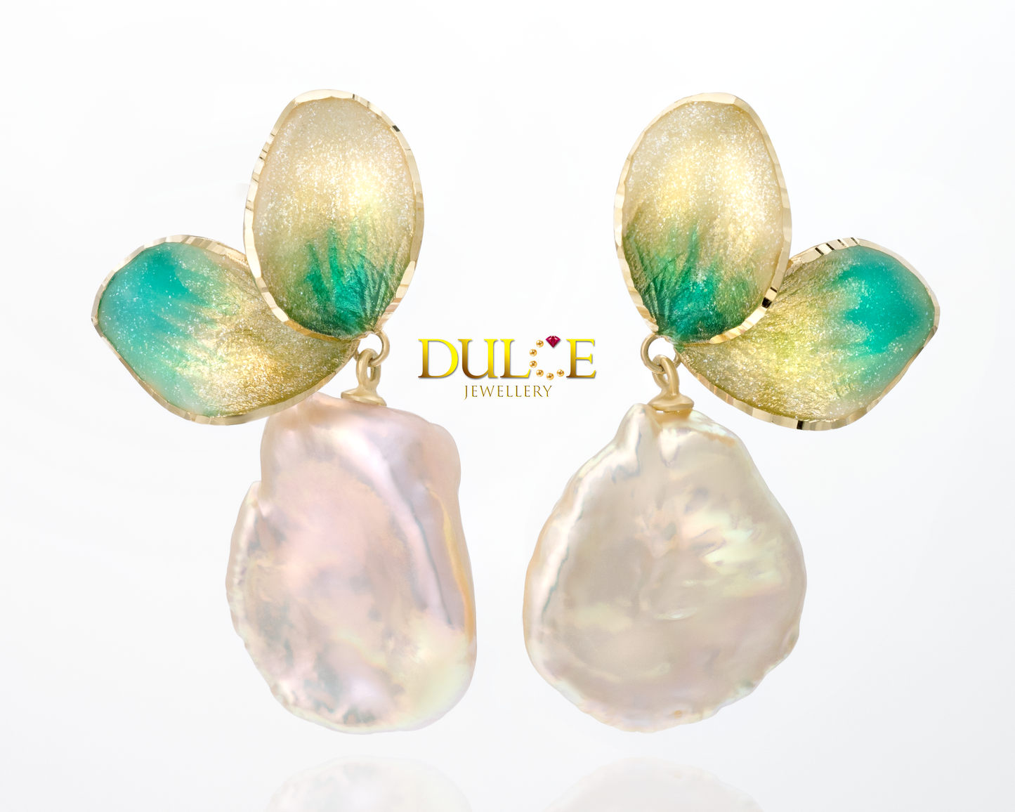 18K Gold Freshwater Keshi Pearls Italian Enamel Earrings