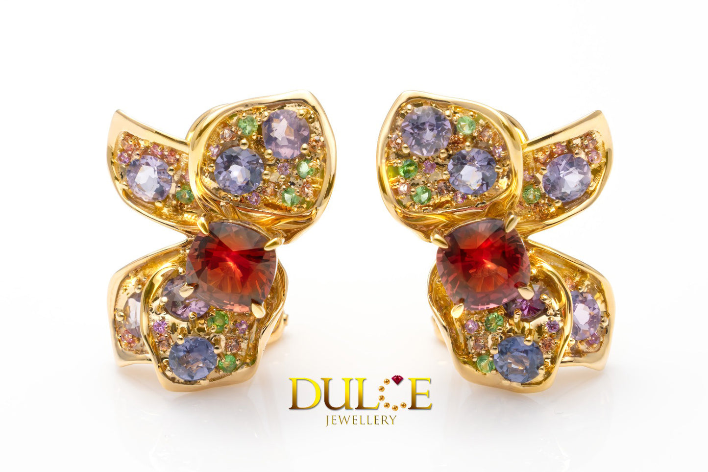 Rainbow color  red spinel, blue zircon, sapphire, elegant, vivid, vibrant, modern, elegant, fashionable, luxury earrings