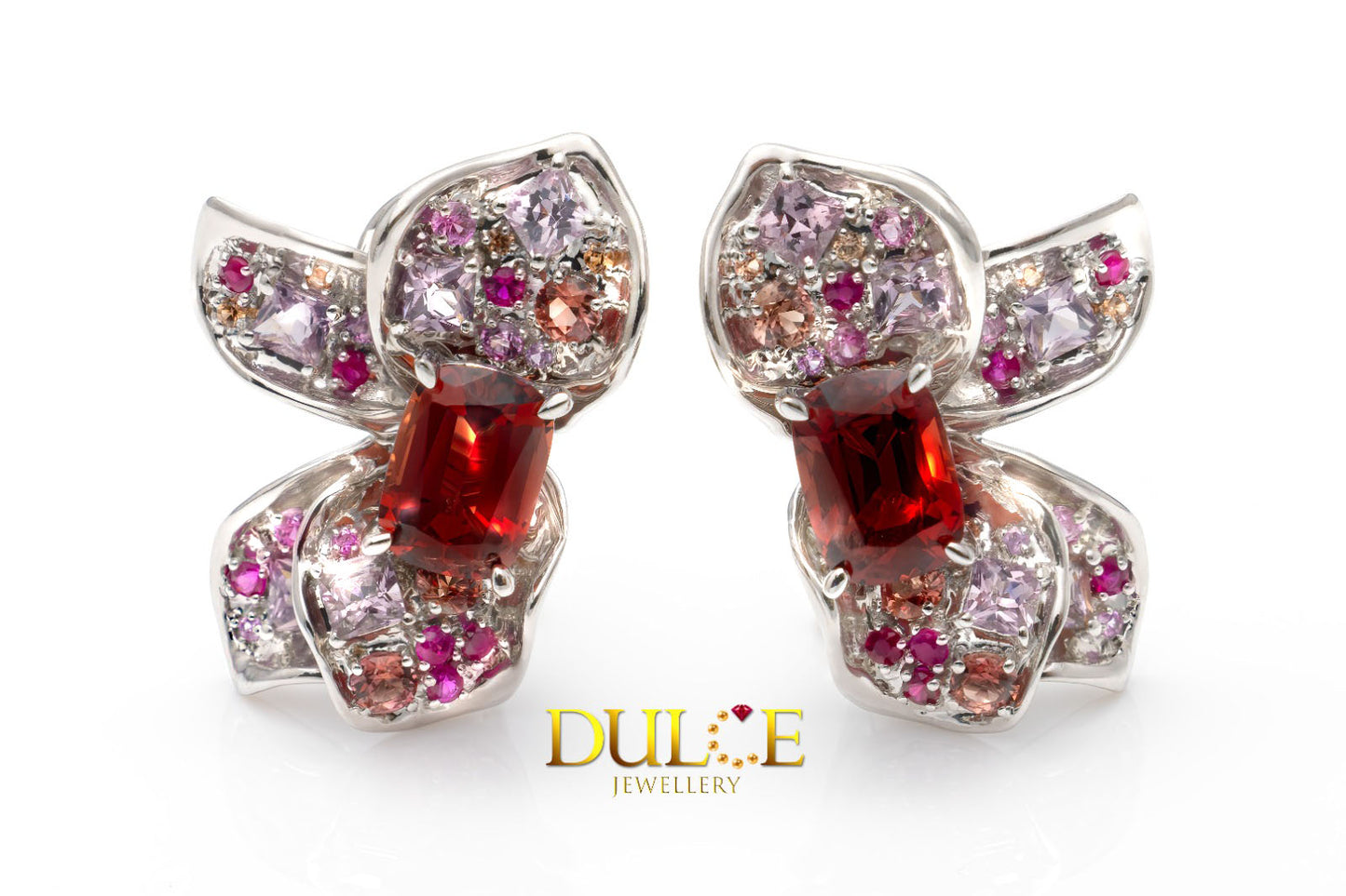Rainbow color red spinel, blue zircon, sapphire, elegant, vivid, vibrant, modern, elegant, fashionable, luxury, floral earrings