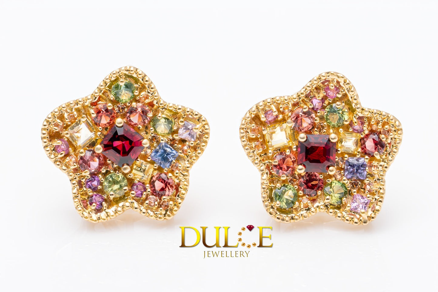 18K Yellow Gold Red Spinel & Multi-color Sapphire Earrings (GERS&S4492)
