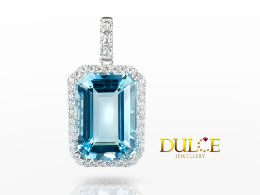 18K Gold Blue Aquamarine Diamond Pendant (#3792)