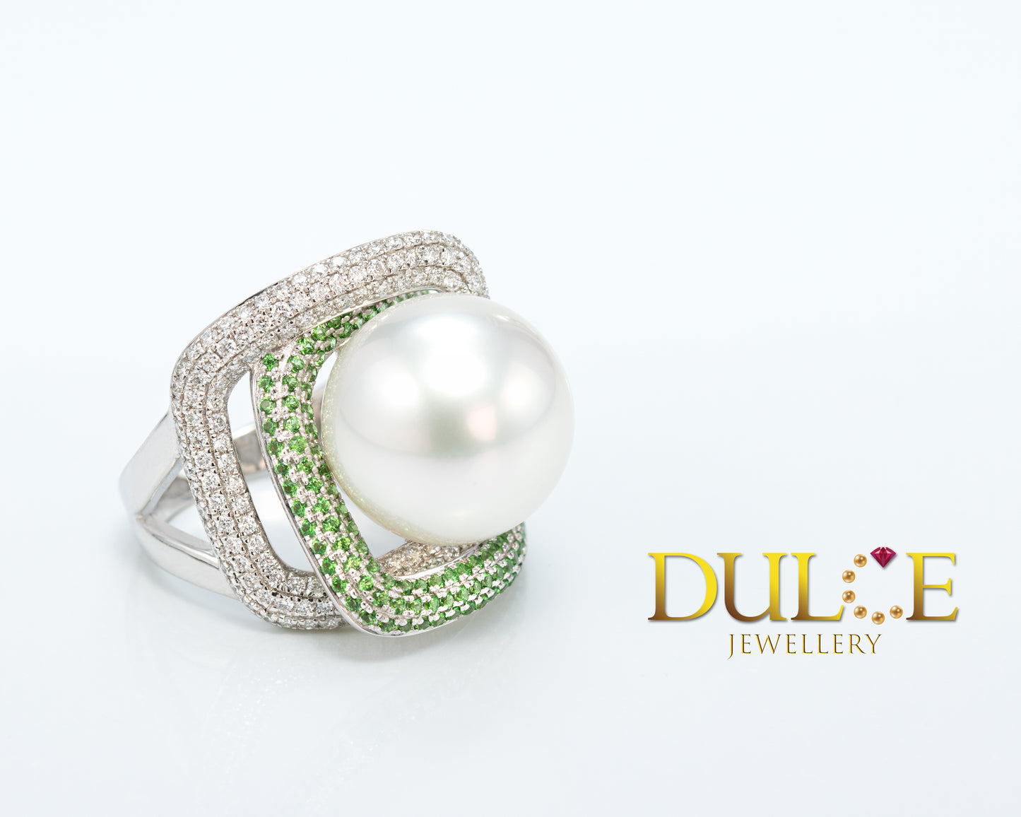 Australian Round Southsea Pearl with Diamond and Tsavorite 18K Gold Ring