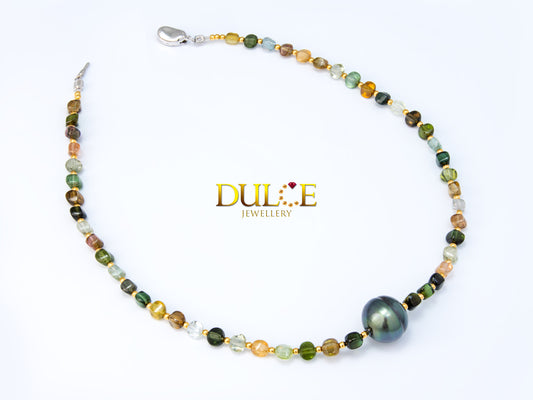 (Silver) Tourmaline & Tahitian Pearl Necklace (SNGT14TAH)