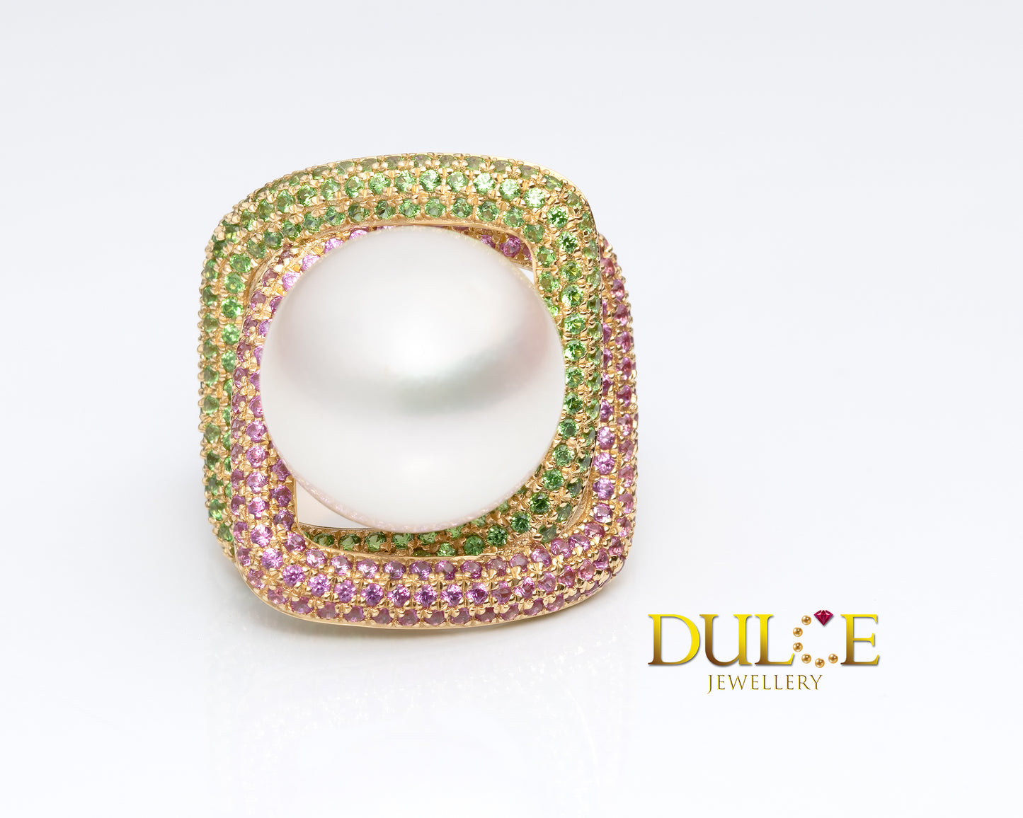 Australian Round Southsea Pearl with Pink Sapphire and Tsavorite 18K Gold Ring
