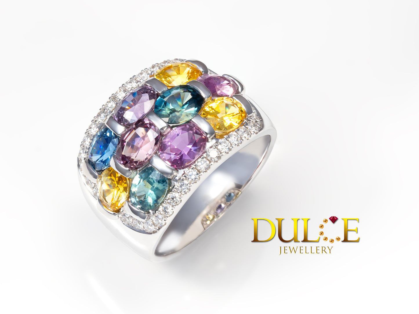 18K Gold Multi-color Sapphire Diamond Ring(GRSAP&D3108)