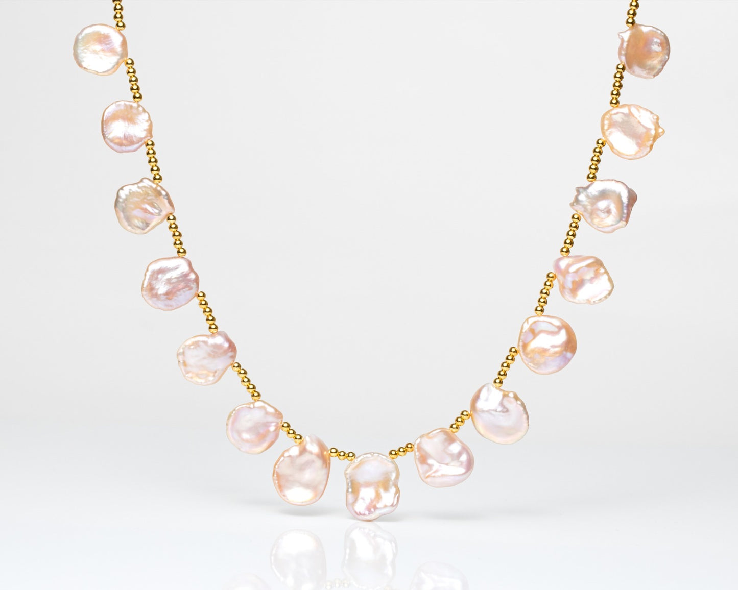 Metallic Peach Keshi Pearls Necklace 16”